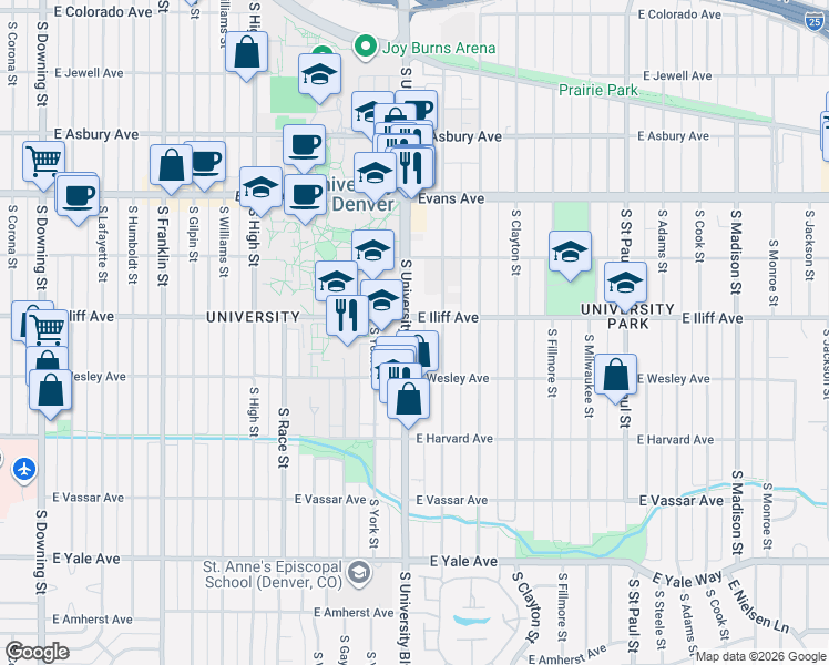 map of restaurants, bars, coffee shops, grocery stores, and more near in Denver