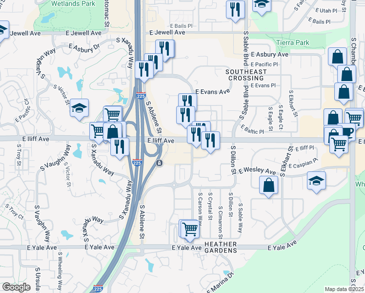 map of restaurants, bars, coffee shops, grocery stores, and more near 2337 South Blackhawk Street in Aurora