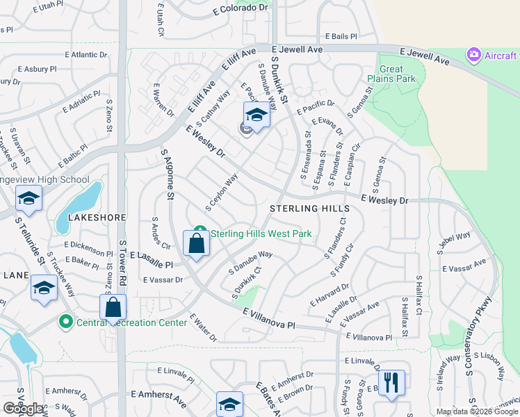 map of restaurants, bars, coffee shops, grocery stores, and more near 19158 East Dickenson Drive in Aurora