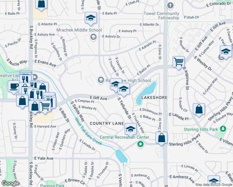 map of restaurants, bars, coffee shops, grocery stores, and more near 2239 South Telluride Court in Aurora