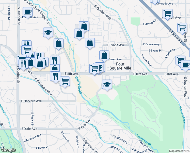 map of restaurants, bars, coffee shops, grocery stores, and more near 8401 East Iliff Avenue in Denver