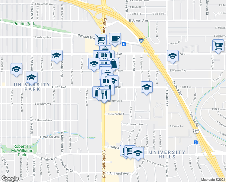 map of restaurants, bars, coffee shops, grocery stores, and more near 4045 East Iliff Avenue in Denver