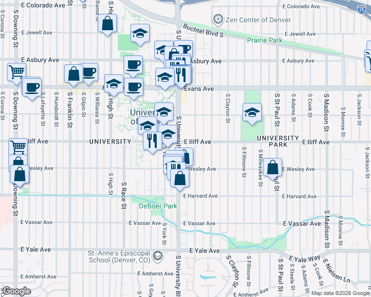 map of restaurants, bars, coffee shops, grocery stores, and more near in Denver