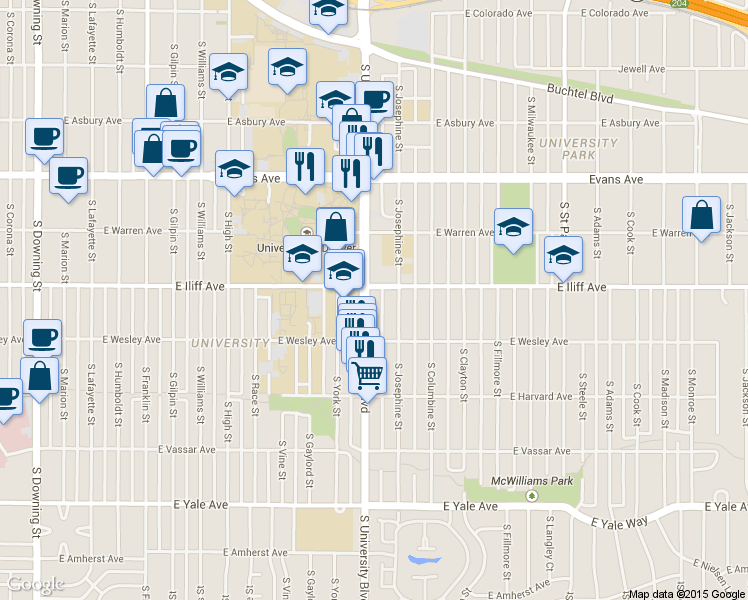 map of restaurants, bars, coffee shops, grocery stores, and more near in Denver