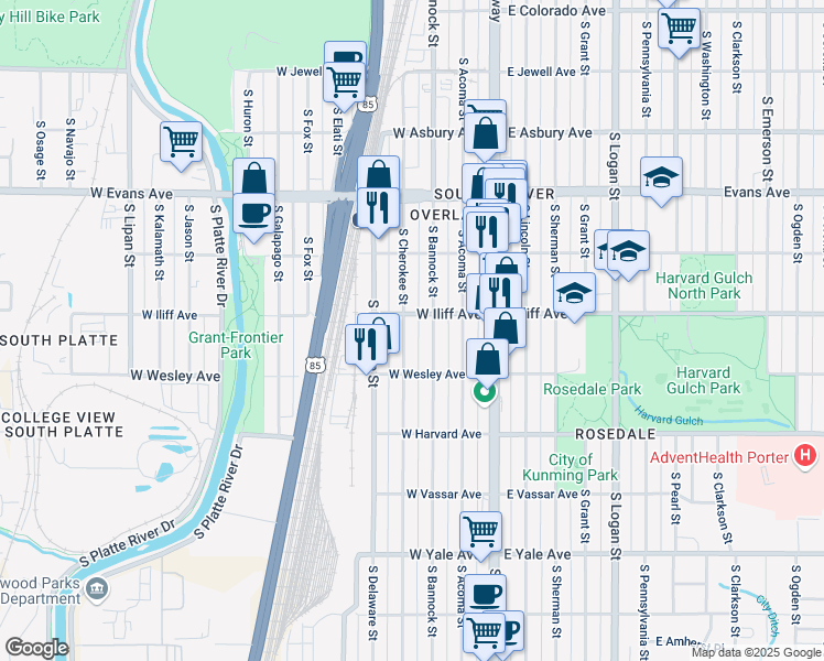 map of restaurants, bars, coffee shops, grocery stores, and more near 2286 South Cherokee Street in Denver