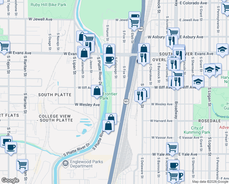 map of restaurants, bars, coffee shops, grocery stores, and more near 625 West Iliff Avenue in Denver