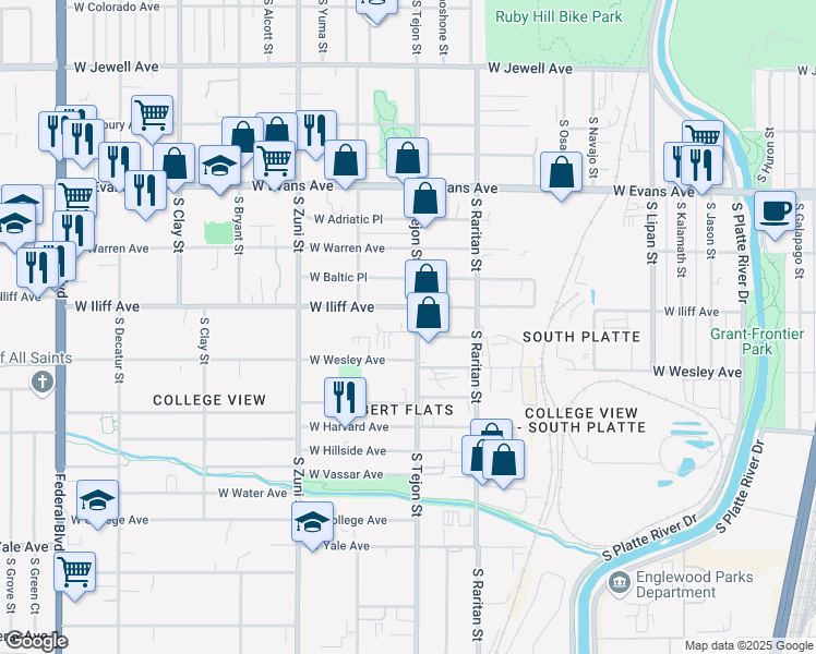 map of restaurants, bars, coffee shops, grocery stores, and more near 2077 West Iliff Avenue in Englewood
