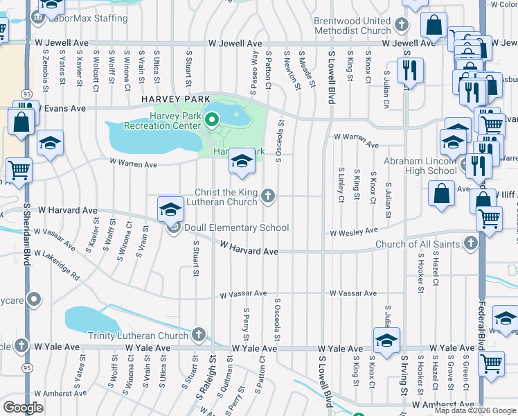 map of restaurants, bars, coffee shops, grocery stores, and more near in Denver