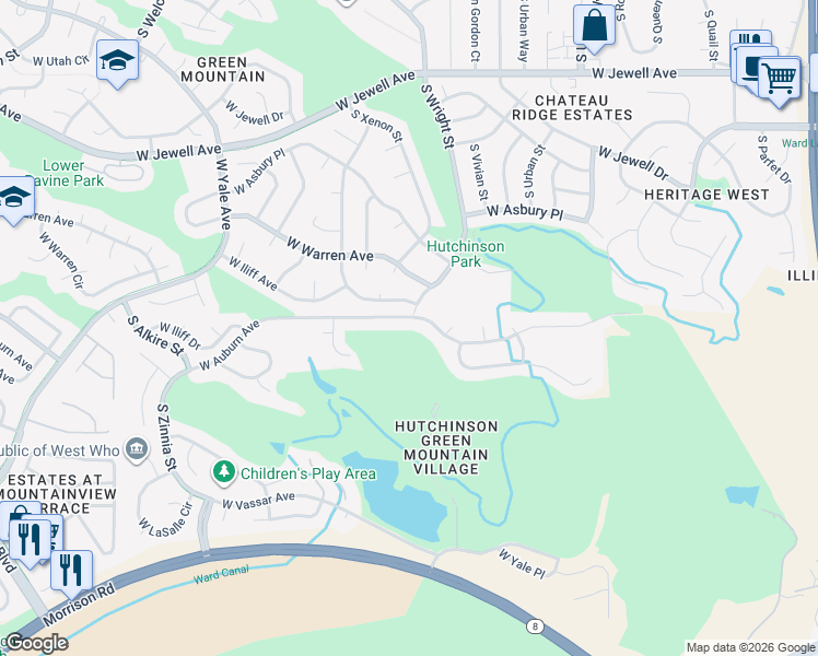 map of restaurants, bars, coffee shops, grocery stores, and more near 12554 West Iliff Avenue in Lakewood