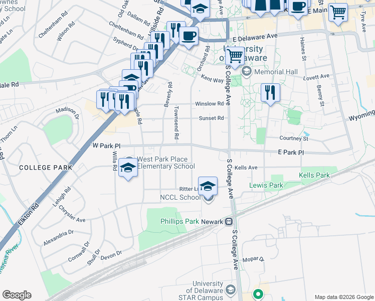 map of restaurants, bars, coffee shops, grocery stores, and more near 88 West Park Place in Newark