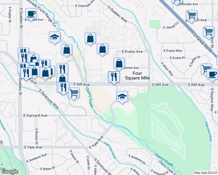 map of restaurants, bars, coffee shops, grocery stores, and more near 8401 East Iliff Avenue in Denver
