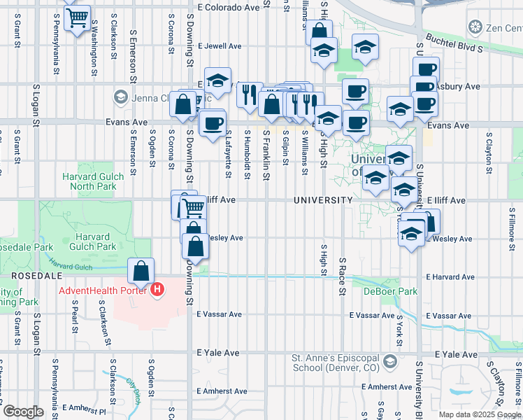map of restaurants, bars, coffee shops, grocery stores, and more near in Denver