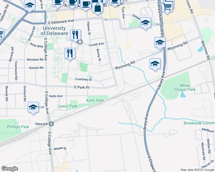 map of restaurants, bars, coffee shops, grocery stores, and more near 304 East Park Place in Newark
