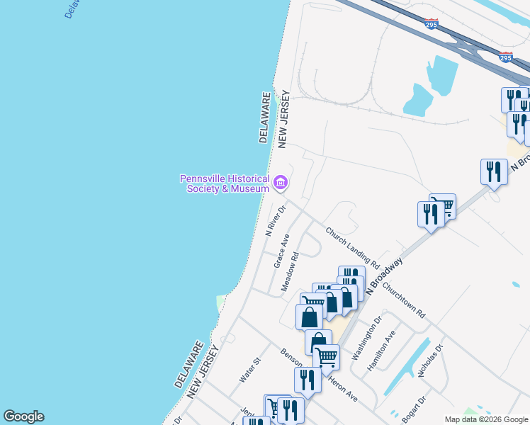 map of restaurants, bars, coffee shops, grocery stores, and more near 291 North River Drive in Pennsville Township