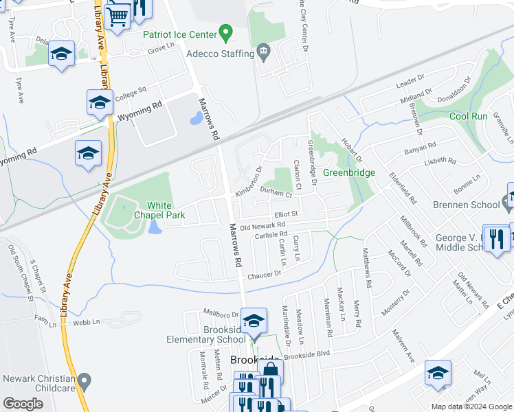 map of restaurants, bars, coffee shops, grocery stores, and more near 51 Gilbert Court in Newark