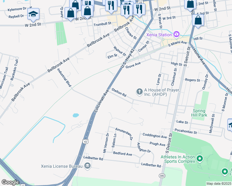map of restaurants, bars, coffee shops, grocery stores, and more near 485 Stelton Road in Xenia