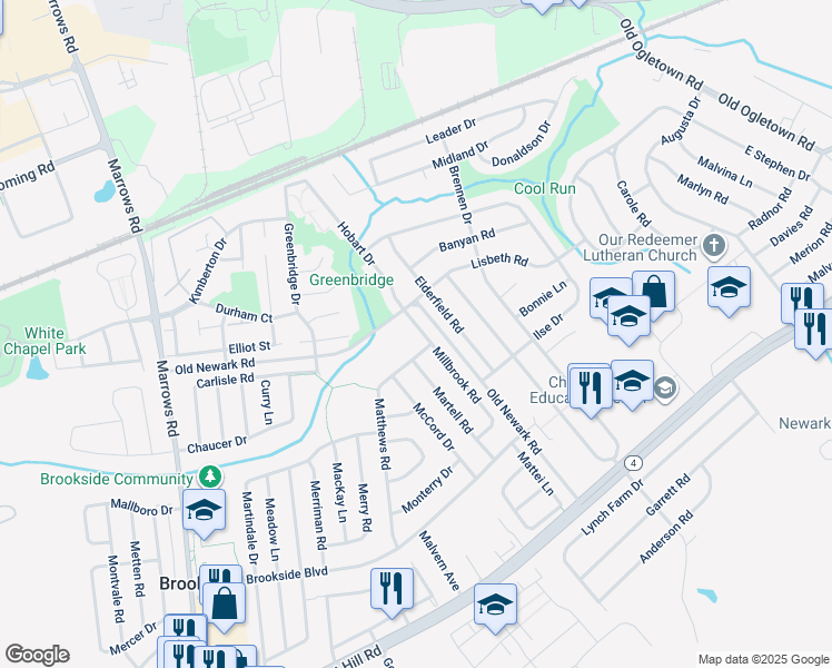 map of restaurants, bars, coffee shops, grocery stores, and more near 37 Millbrook Road in Newark