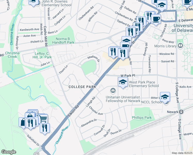 map of restaurants, bars, coffee shops, grocery stores, and more near 15 Lincoln Drive in Newark