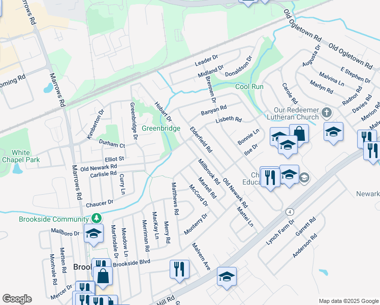 map of restaurants, bars, coffee shops, grocery stores, and more near 37 Millbrook Road in Newark