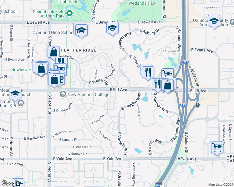 map of restaurants, bars, coffee shops, grocery stores, and more near 2336 South Troy Street in Aurora
