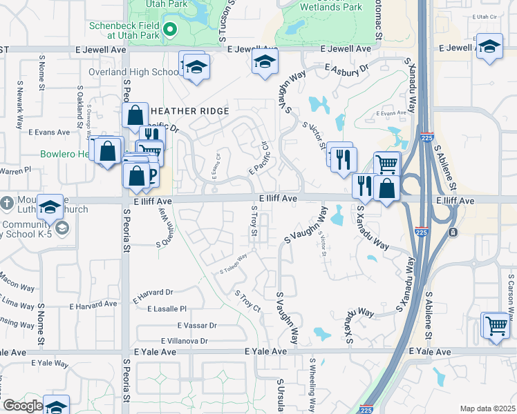 map of restaurants, bars, coffee shops, grocery stores, and more near 2323 South Troy Street in Aurora
