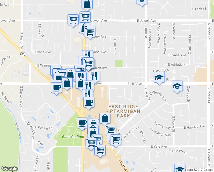 map of restaurants, bars, coffee shops, grocery stores, and more near 10764 East Iliff Avenue in Aurora
