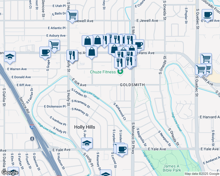 map of restaurants, bars, coffee shops, grocery stores, and more near 6200 East Iliff Avenue in Denver
