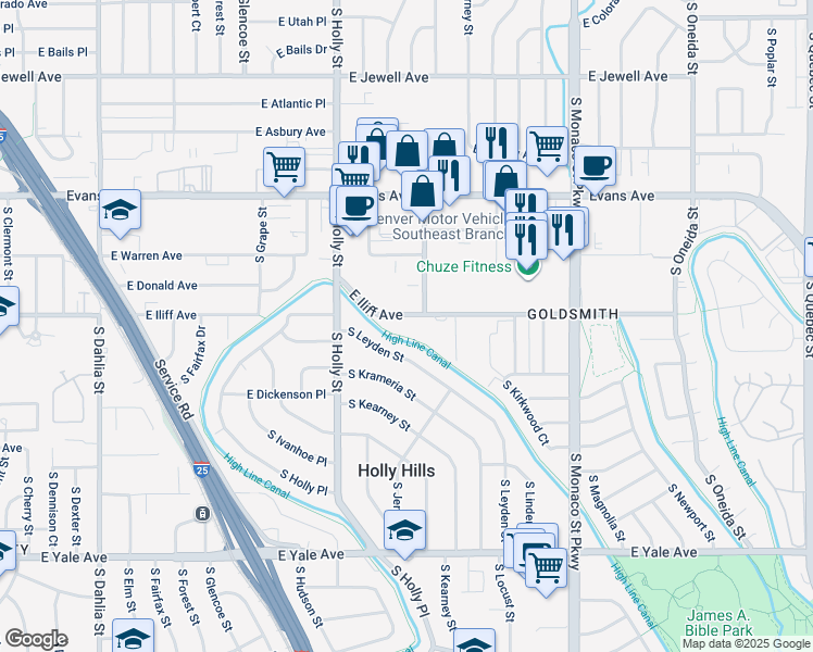 map of restaurants, bars, coffee shops, grocery stores, and more near 5905 East Iliff Avenue in Denver