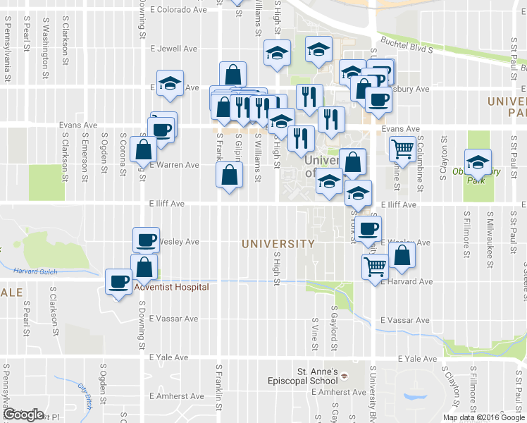 map of restaurants, bars, coffee shops, grocery stores, and more near in Denver