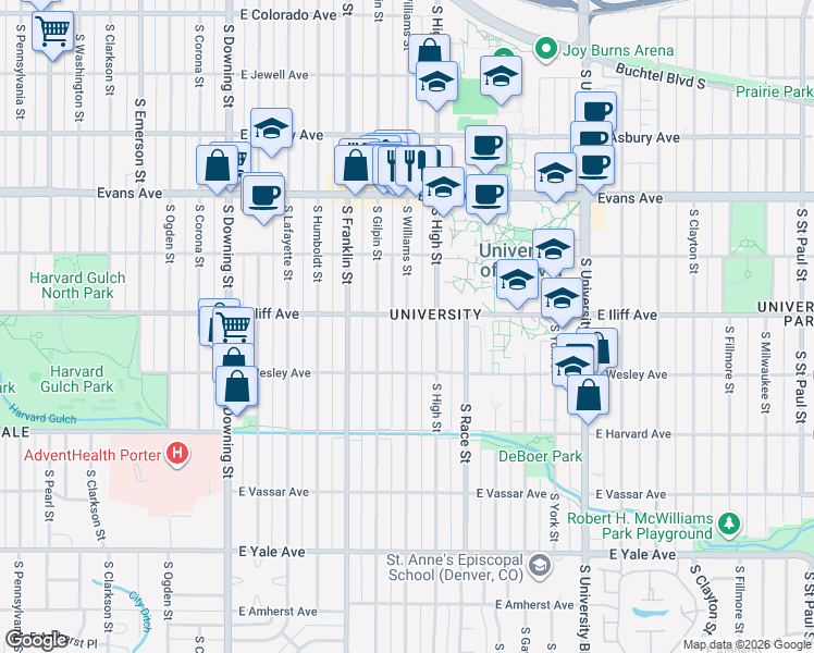 map of restaurants, bars, coffee shops, grocery stores, and more near 1701 East Iliff Avenue in Denver