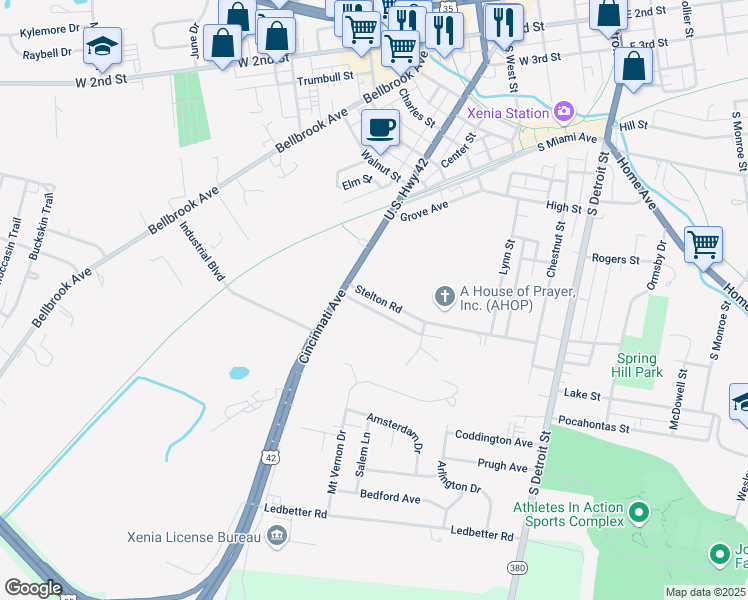 map of restaurants, bars, coffee shops, grocery stores, and more near 518 Stelton Road in Xenia