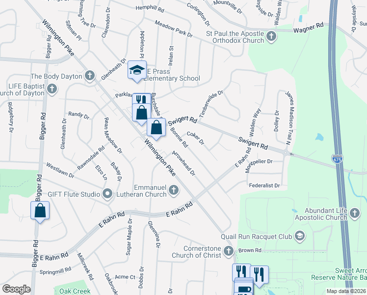 map of restaurants, bars, coffee shops, grocery stores, and more near 4775 Bonnie Road in Kettering