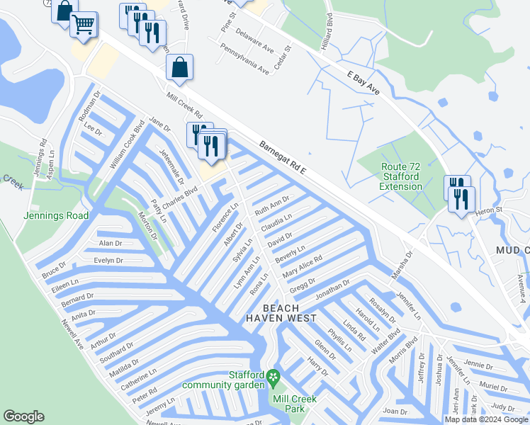 map of restaurants, bars, coffee shops, grocery stores, and more near 19 Ruth Ann Drive in Stafford Township
