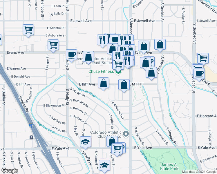 map of restaurants, bars, coffee shops, grocery stores, and more near 6200 East Iliff Avenue in Denver
