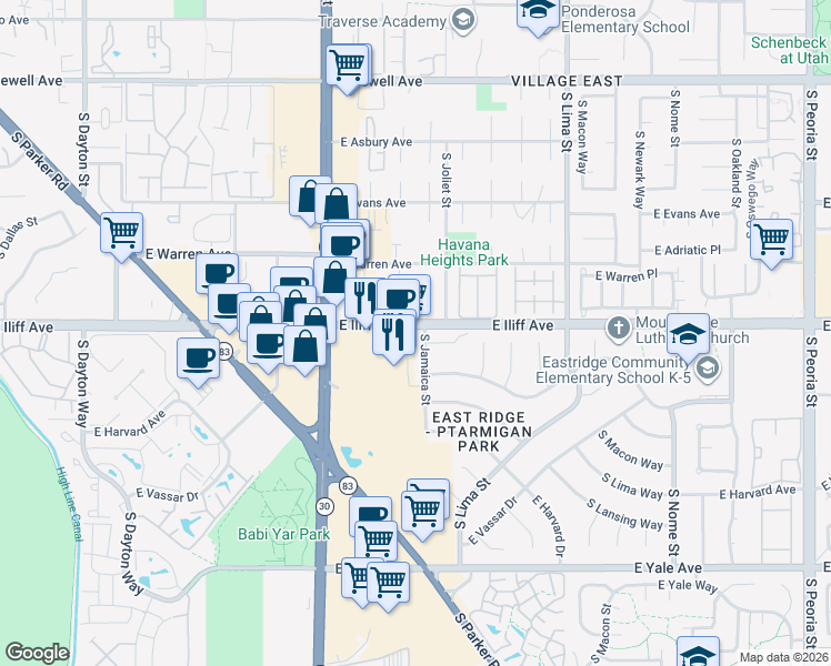 map of restaurants, bars, coffee shops, grocery stores, and more near 10764 East Iliff Avenue in Aurora