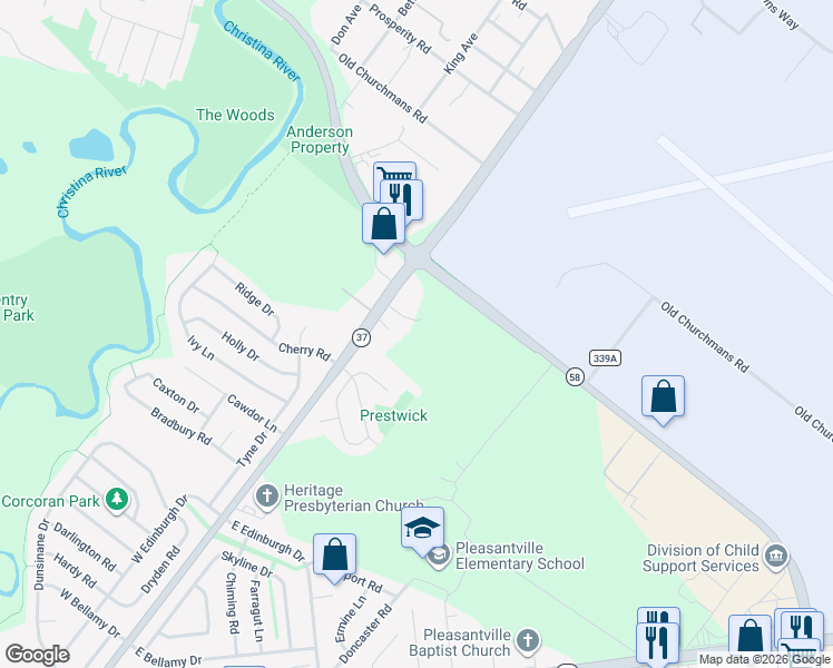 map of restaurants, bars, coffee shops, grocery stores, and more near 176 Airport Road in New Castle