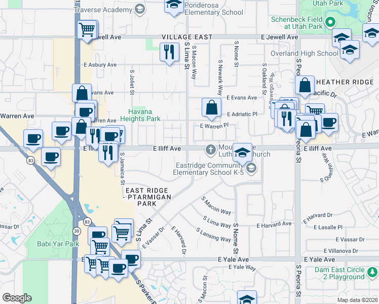 map of restaurants, bars, coffee shops, grocery stores, and more near 2297 East Baltic Place in Aurora
