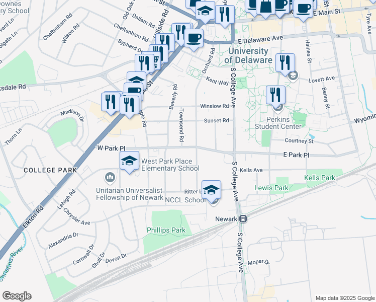 map of restaurants, bars, coffee shops, grocery stores, and more near 85 West Park Place in Newark