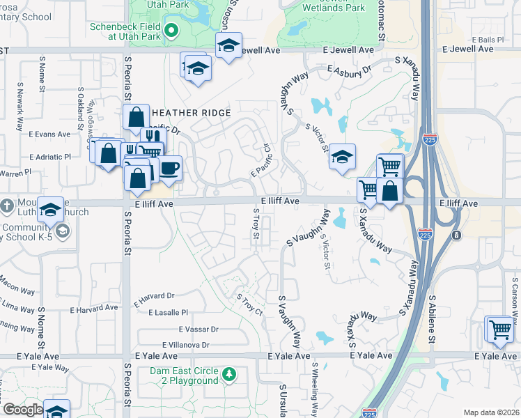 map of restaurants, bars, coffee shops, grocery stores, and more near 2323 South Troy Street in Aurora