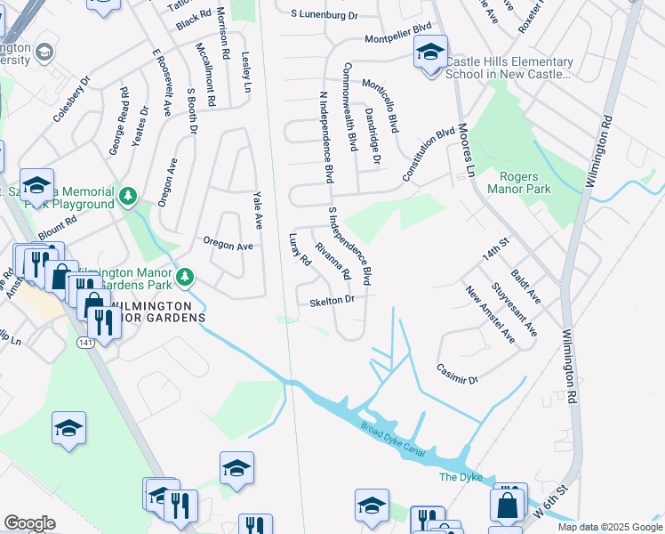 map of restaurants, bars, coffee shops, grocery stores, and more near 19 Rivanna Road in New Castle