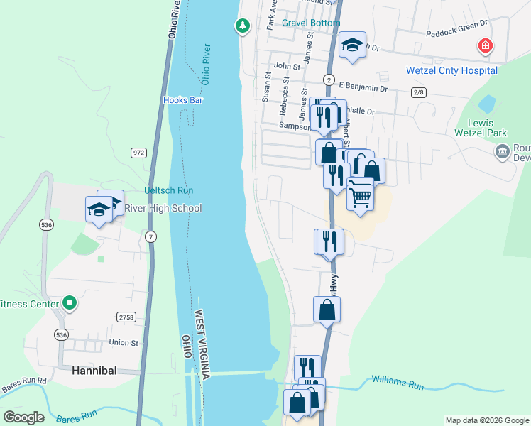 map of restaurants, bars, coffee shops, grocery stores, and more near 85 Gravel Lane in New Martinsville