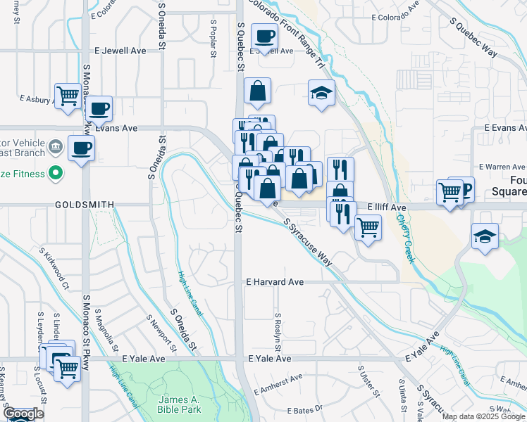 map of restaurants, bars, coffee shops, grocery stores, and more near 2280 South Quebec Street in Denver