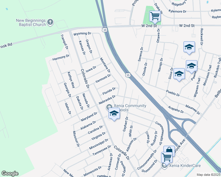 map of restaurants, bars, coffee shops, grocery stores, and more near 1914 Florida Drive in Xenia
