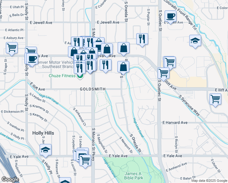 map of restaurants, bars, coffee shops, grocery stores, and more near 6850 East Iliff Avenue in Denver