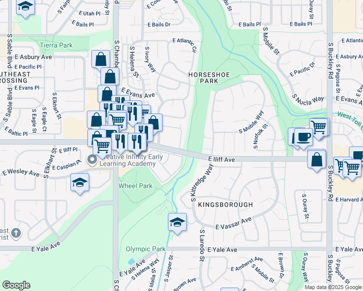 map of restaurants, bars, coffee shops, grocery stores, and more near 2288 South Jasper Way in Aurora
