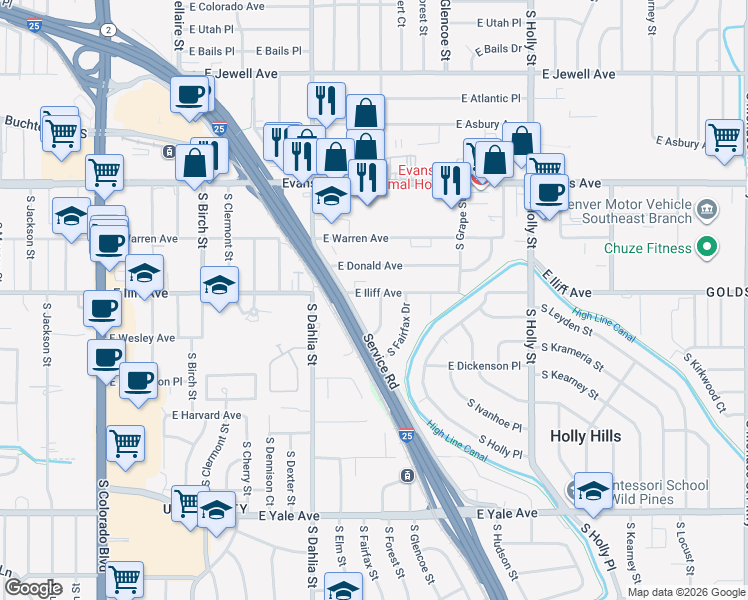 map of restaurants, bars, coffee shops, grocery stores, and more near 4989 East Iliff Avenue in Denver