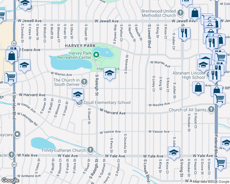 map of restaurants, bars, coffee shops, grocery stores, and more near in Denver