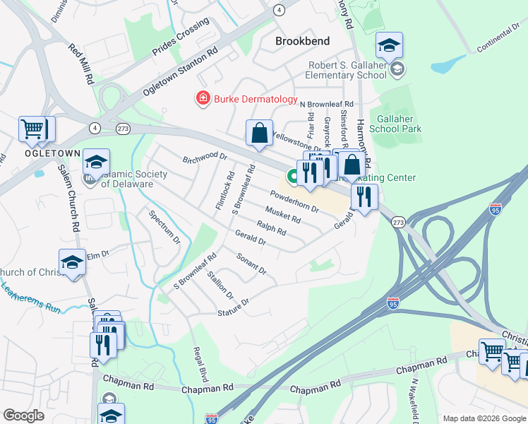 map of restaurants, bars, coffee shops, grocery stores, and more near 1112 Musket Road in Newark