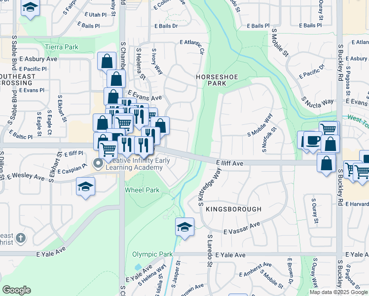 map of restaurants, bars, coffee shops, grocery stores, and more near 2297 South Jasper Way in Aurora