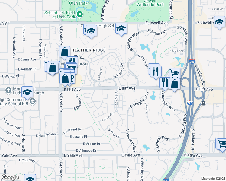 map of restaurants, bars, coffee shops, grocery stores, and more near 2323 South Troy Street in Aurora